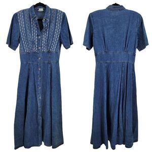 Vtg 80's Dress Embroidered Modest Denim Pinafore Prairie Maxi Pockets Sz S